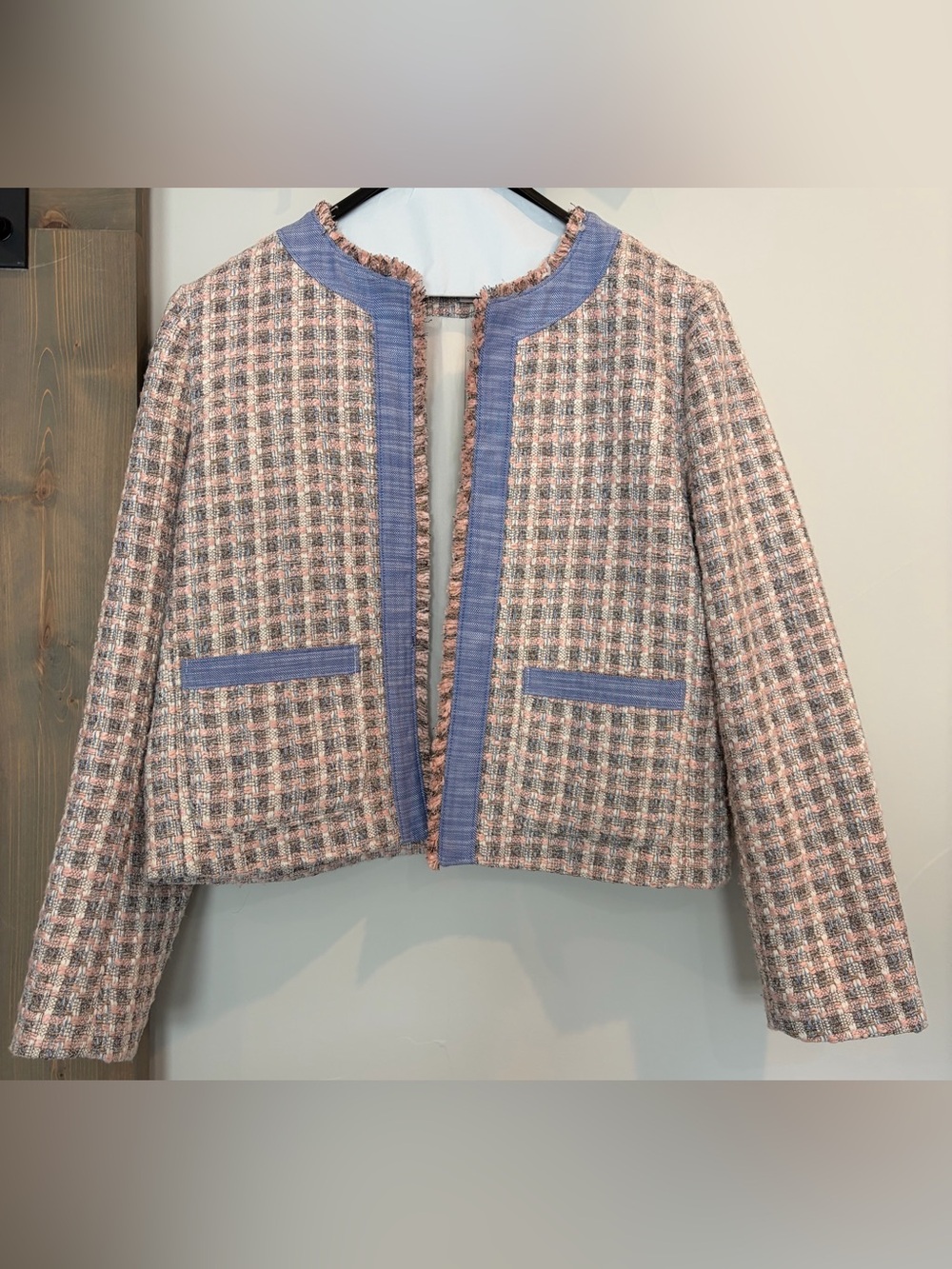 Loft Outlet Cropped Pink & Blue Tweed Jacket